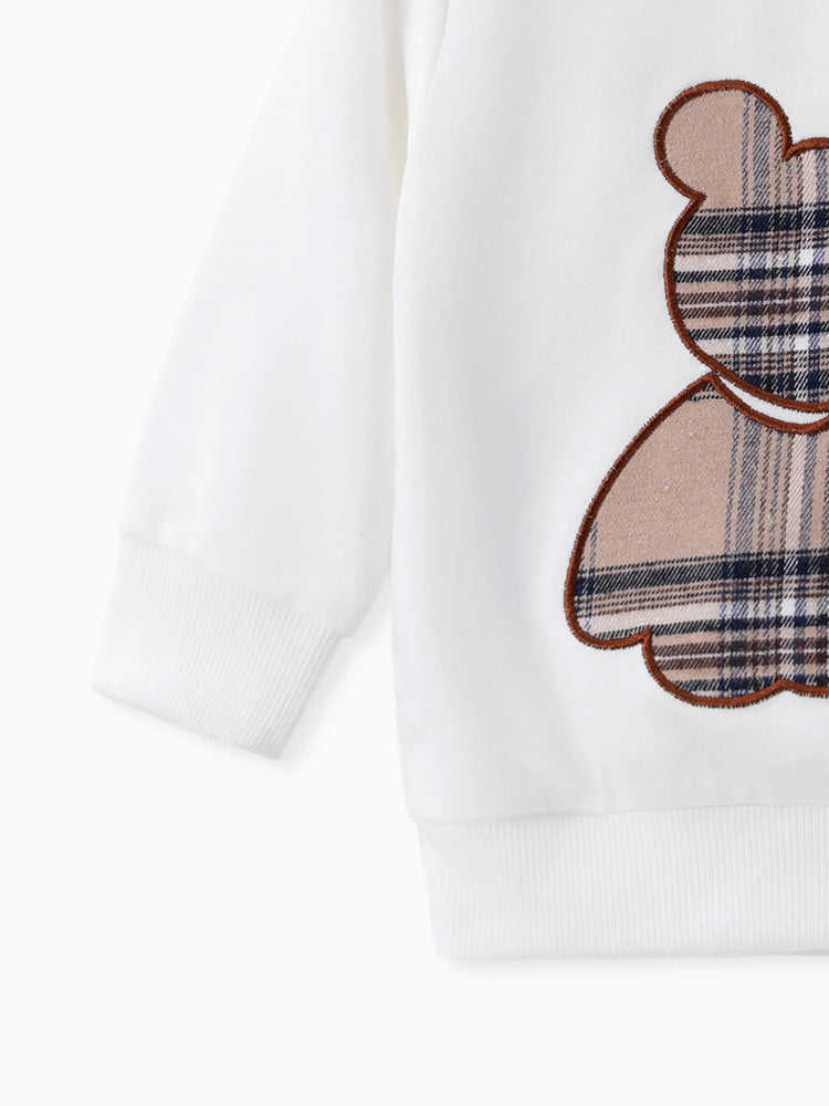 Ensemble 2 pièces pour bébé garçon/fille, sweat-shirt et pantalon à carreaux, ours brodé, blanc cassé