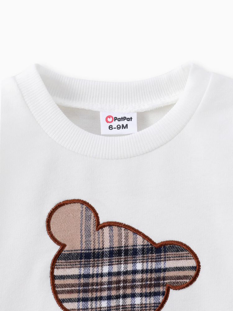 Ensemble 2 pièces pour bébé garçon/fille, sweat-shirt et pantalon à carreaux, ours brodé, blanc cassé