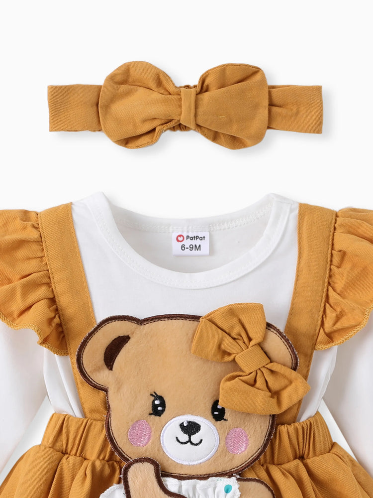 Baby Mädchen Kleidung Bär Stil Bestickter Strampler mit Stirnband Ingwer