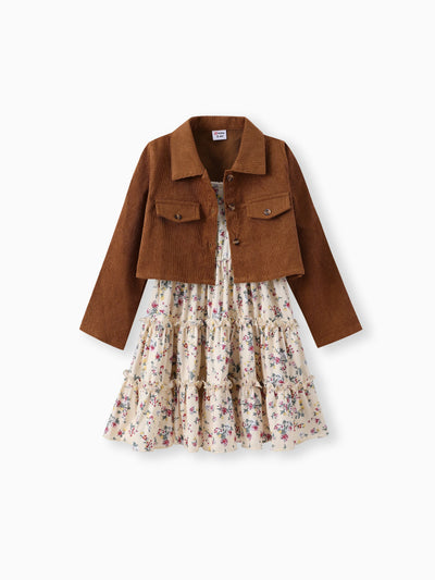 Ensemble 2 pièces pour petite fille : veste à col revers et robe à volants fleurie, kaki