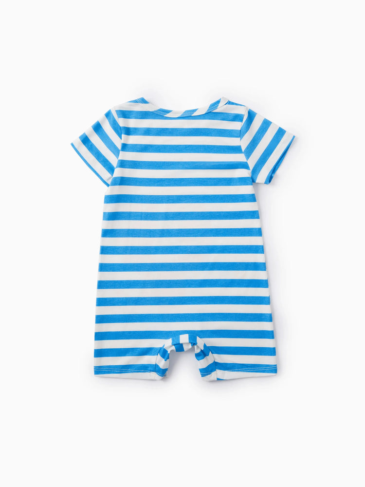 Barboteuse à manches courtes et rayures bleues pour bébé garçon, motif lion