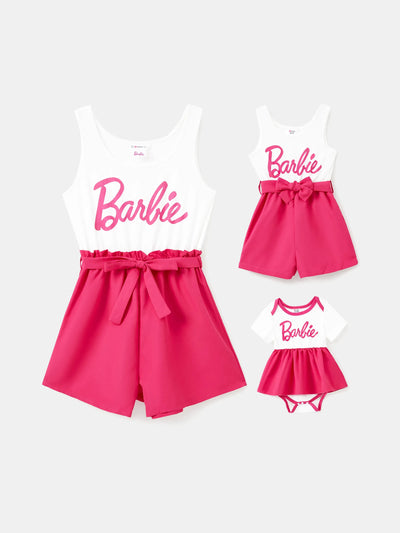 Barboteuse débardeur avec ceinture et imprimé lettres Barbie Maman et Moi, blanche