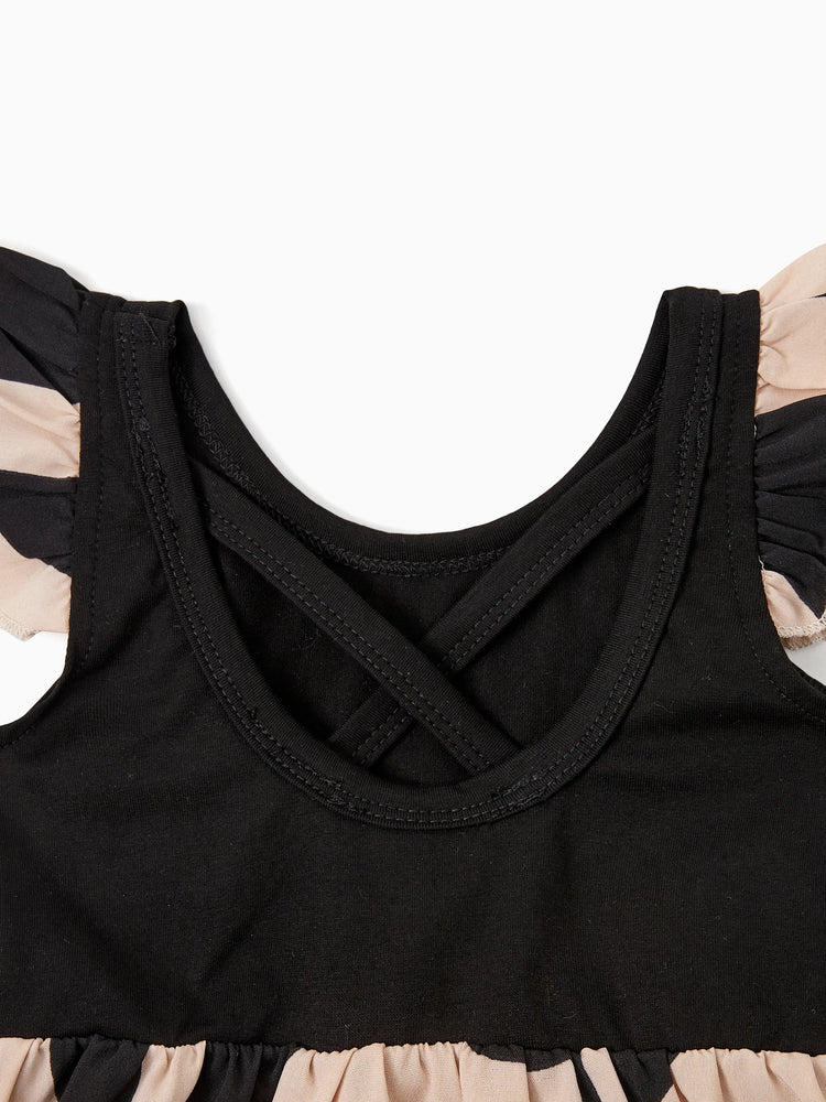 Mommy & me Cross Back Floral Strap Dress and Colorblock Top Sets Black