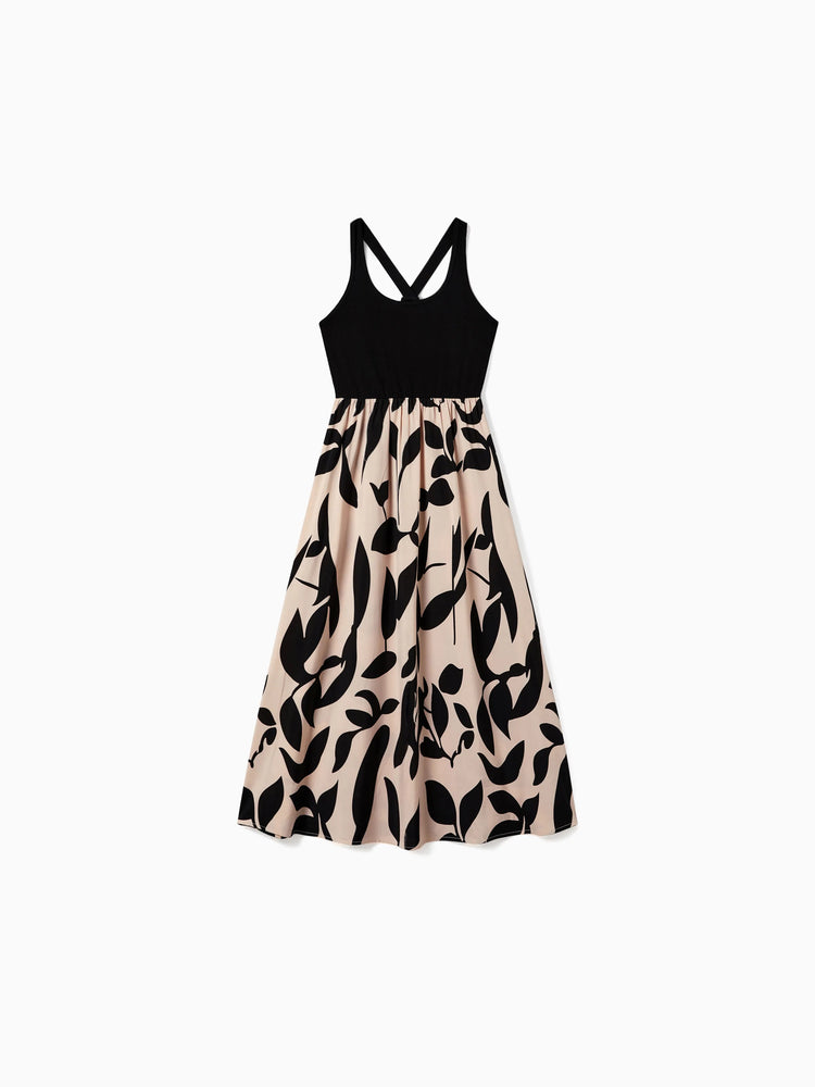 Mommy & me Cross Back Floral Strap Dress and Colorblock Top Sets Black