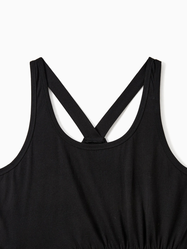 Mommy & me Cross Back Floral Strap Dress and Colorblock Top Sets Black