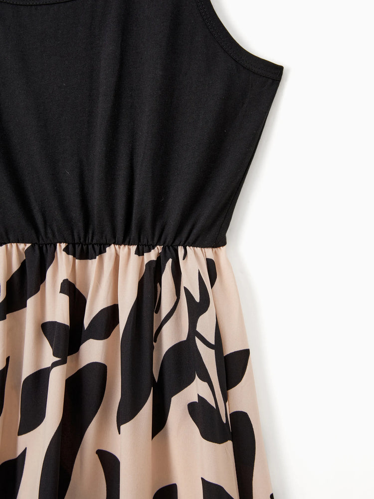 Mommy & me Cross Back Floral Strap Dress and Colorblock Top Sets Black