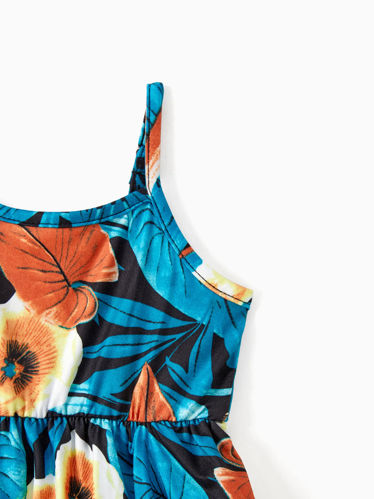 Ensembles assortis pour toute la famille : t-shirt à imprimé floral et robe à bretelles latérales avec cordon de serrage et fronces florales, noir