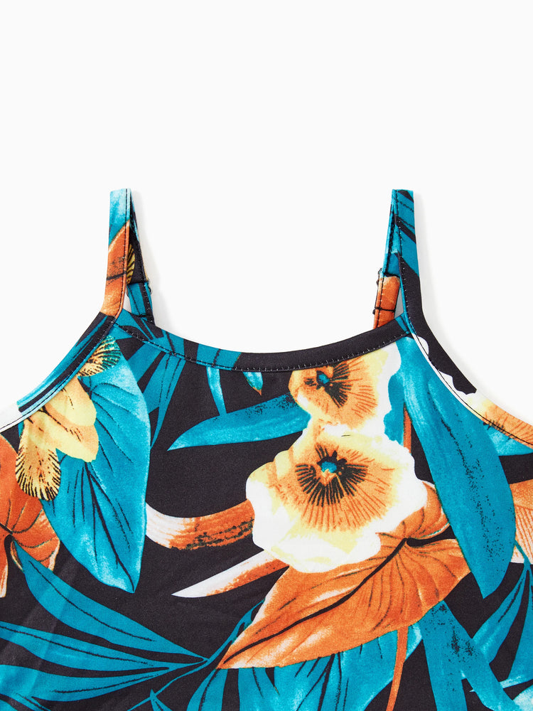 Ensembles assortis pour toute la famille : t-shirt à imprimé floral et robe à bretelles latérales avec cordon de serrage et fronces florales, noir