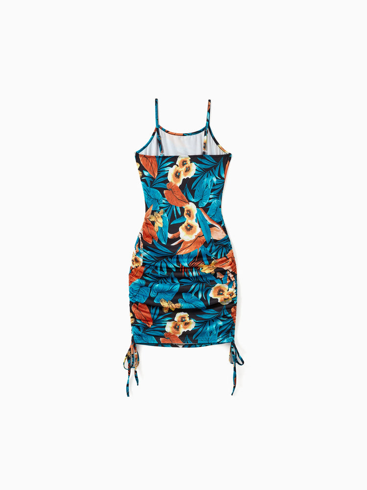 Ensembles assortis pour toute la famille : t-shirt à imprimé floral et robe à bretelles latérales avec cordon de serrage et fronces florales, noir