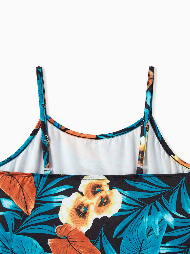 Ensembles assortis pour toute la famille : t-shirt à imprimé floral et robe à bretelles latérales avec cordon de serrage et fronces florales, noir