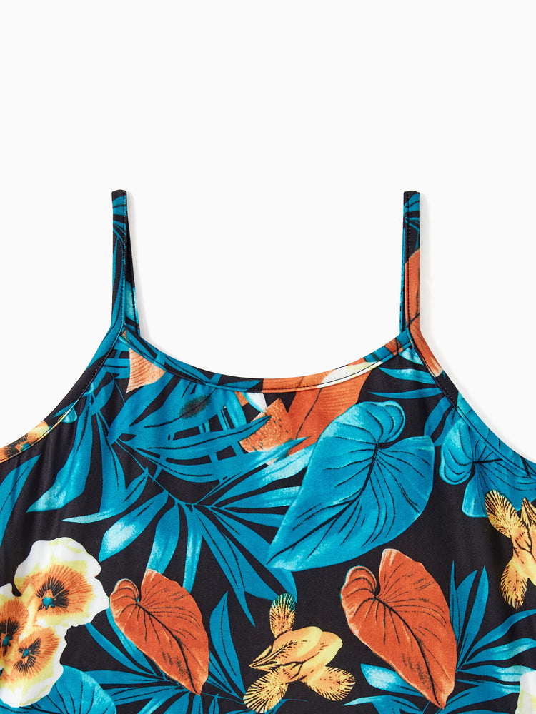 Ensembles assortis pour toute la famille : t-shirt à imprimé floral et robe à bretelles latérales avec cordon de serrage et fronces florales, noir