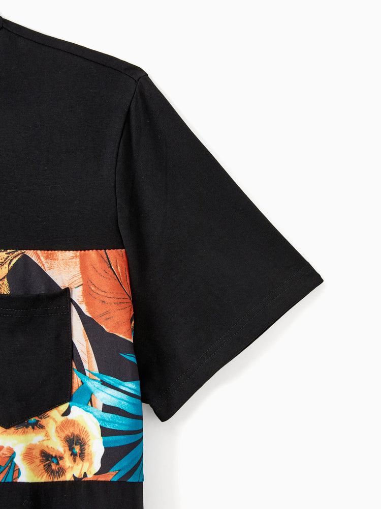 Daddy & Daughter Floral Panel T-shirt and Floral Ruched Drawstring Side Strap Dress Sets Black