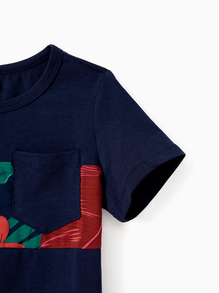 Daddy and Me Family Matching Sets Floral Panel Black tee and V-neck Strap Dress with Hidden Snap  Deep Blue