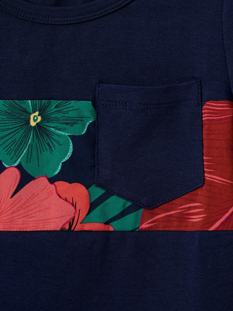 Daddy and Me Family Matching Sets Floral Panel Black tee and V-neck Strap Dress with Hidden Snap  Deep Blue