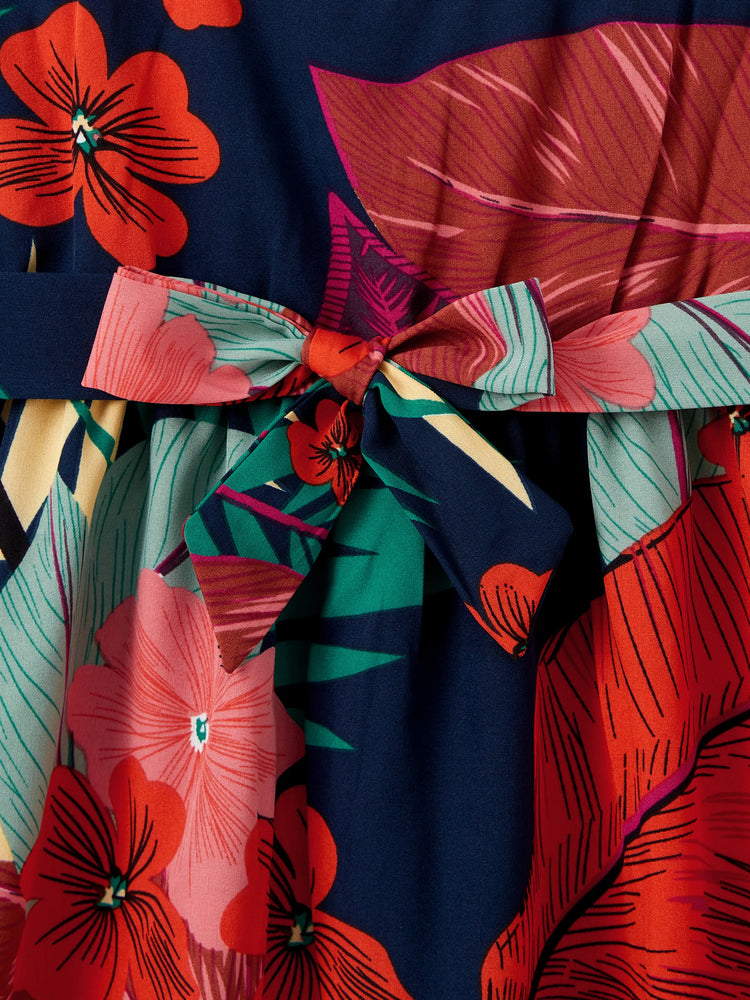 Ensembles familiaux assortis T-shirt noir à empiècements floraux et robe à bretelles à col en V avec bouton-pression caché Bleu foncé