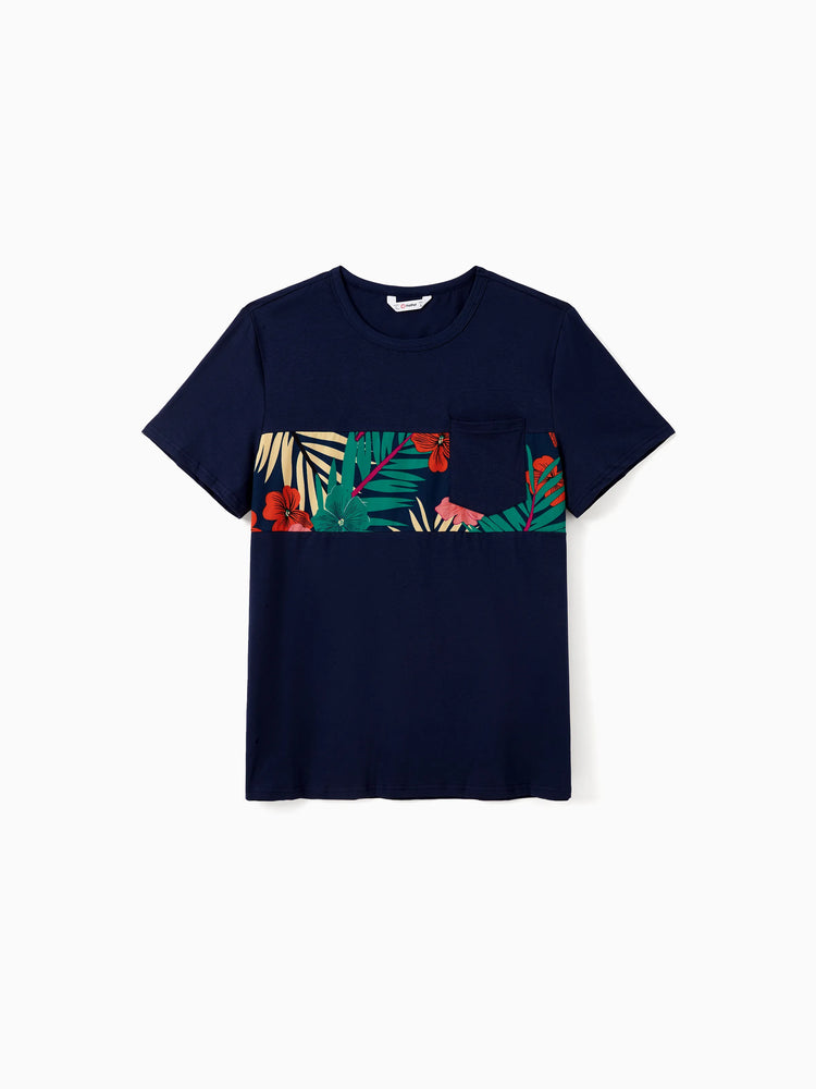 Daddy and Me Family Matching Sets Floral Panel Black tee and V-neck Strap Dress with Hidden Snap  Deep Blue