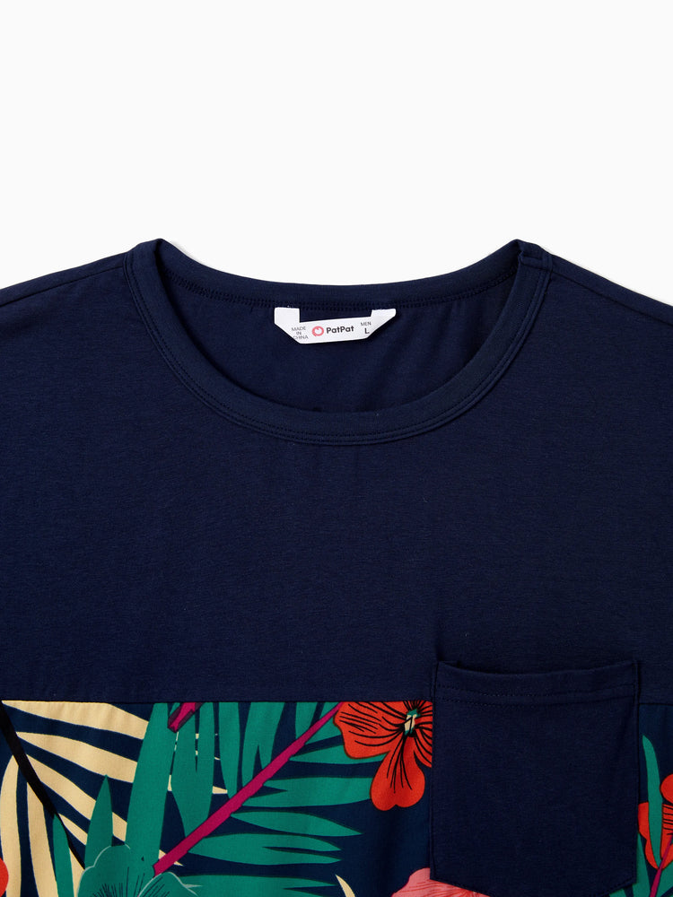 Daddy and Me Family Matching Sets Floral Panel Black tee and V-neck Strap Dress with Hidden Snap  Deep Blue