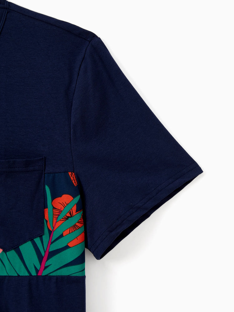 Daddy and Me Family Matching Sets Floral Panel Black tee and V-neck Strap Dress with Hidden Snap  Deep Blue