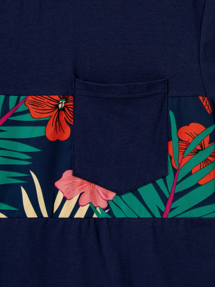 Daddy and Me Family Matching Sets Floral Panel Black tee and V-neck Strap Dress with Hidden Snap  Deep Blue