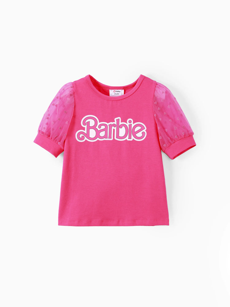 Ensemble 2 pièces Barbie pour petite fille, manches bouffantes et nœud papillon, rose et blanc