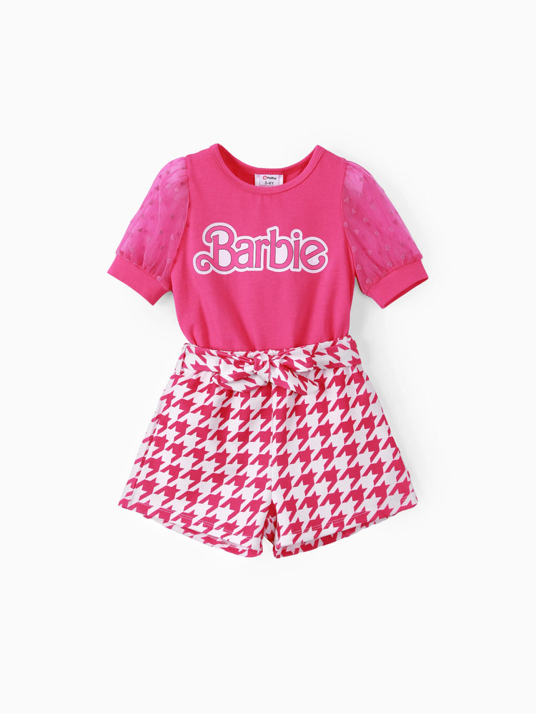 Ensemble 2 pièces Barbie pour petite fille, manches bouffantes et nœud papillon, rose et blanc