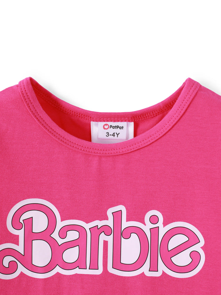 Ensemble 2 pièces Barbie pour petite fille, manches bouffantes et nœud papillon, rose et blanc