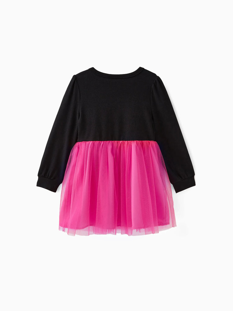 Barbie Toddler Girl Figure Print Bow Decor Long-sleeve Mesh Panel Fairy Dress Rose pink