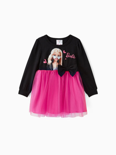 Robe de fée Barbie pour petite fille, imprimé, nœud décoratif, manches longues, empiècement en maille, rose