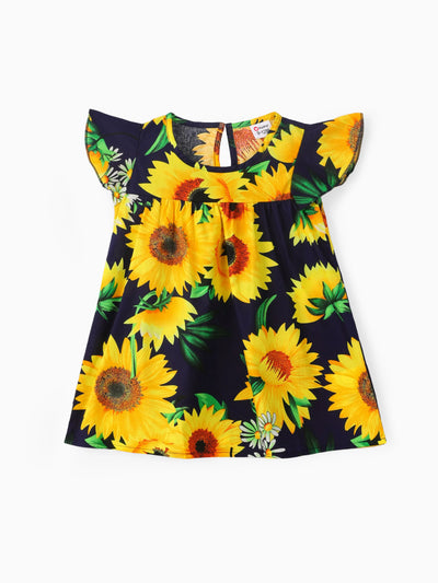 Baby Girl 100% Cotton Cotton Sunflower Print Flutter-sleeve Dress Dark Blue