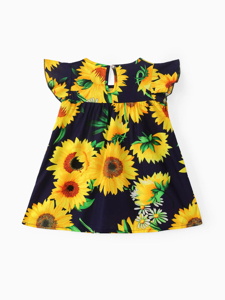 Baby Girl 100% Cotton Cotton Sunflower Print Flutter-sleeve Dress Dark Blue