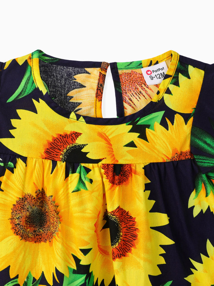 Baby Girl 100% Cotton Cotton Sunflower Print Flutter-sleeve Dress Dark Blue
