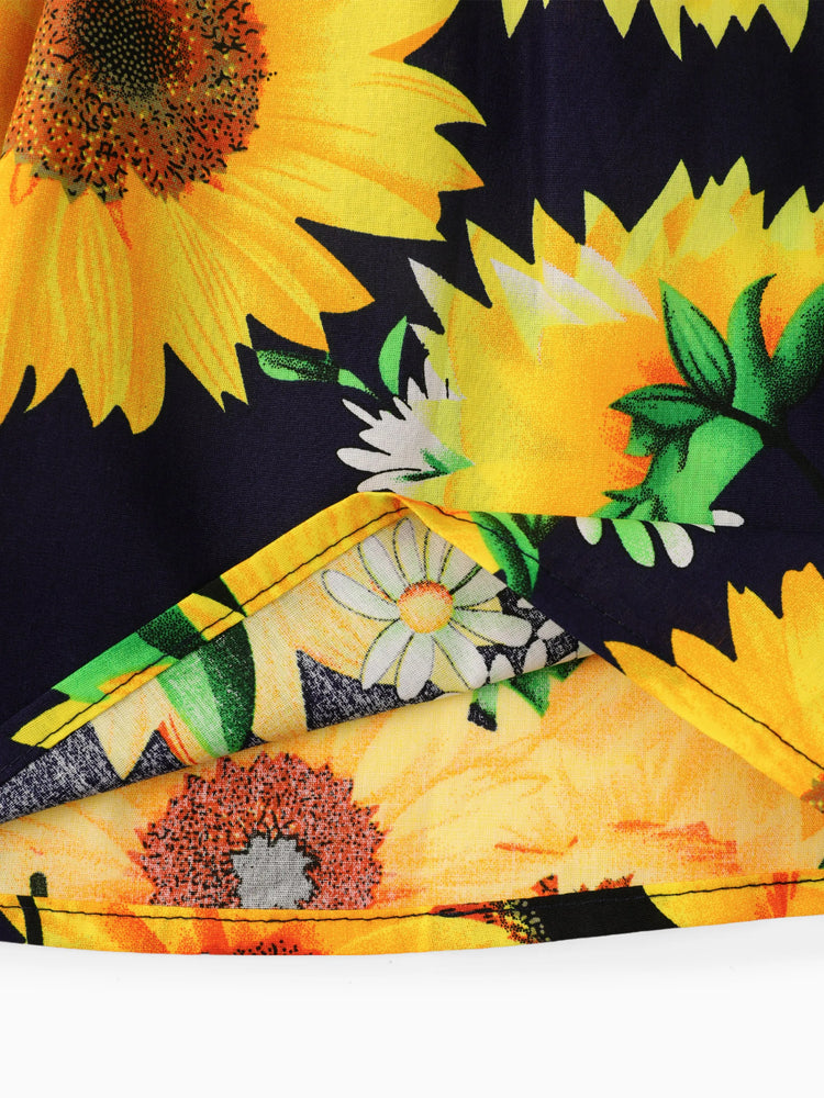 Baby Girl 100% Cotton Cotton Sunflower Print Flutter-sleeve Dress Dark Blue