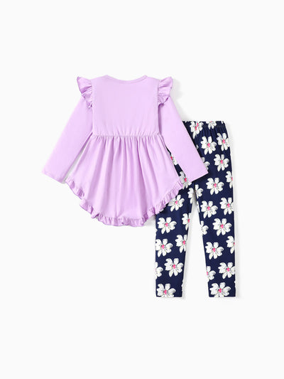 Conjunto de 2 piezas para niña: camiseta de manga larga con volantes y lazo y pantalón con estampado floral en morado claro