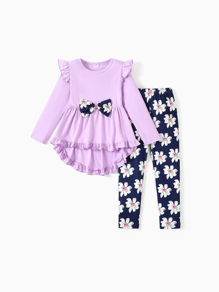 Ensemble 2 pièces pour fille, t-shirt à manches longues et volants avec nœud papillon et pantalon à imprimé floral violet clair