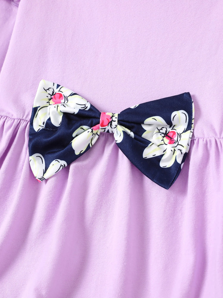 Ensemble 2 pièces pour fille, t-shirt à manches longues et volants avec nœud papillon et pantalon à imprimé floral violet clair
