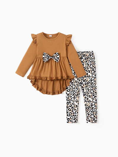 2-piece Kid Girl Bowknot Ruffled Long-sleeves Tee and Flower Allover Print Pants Brown