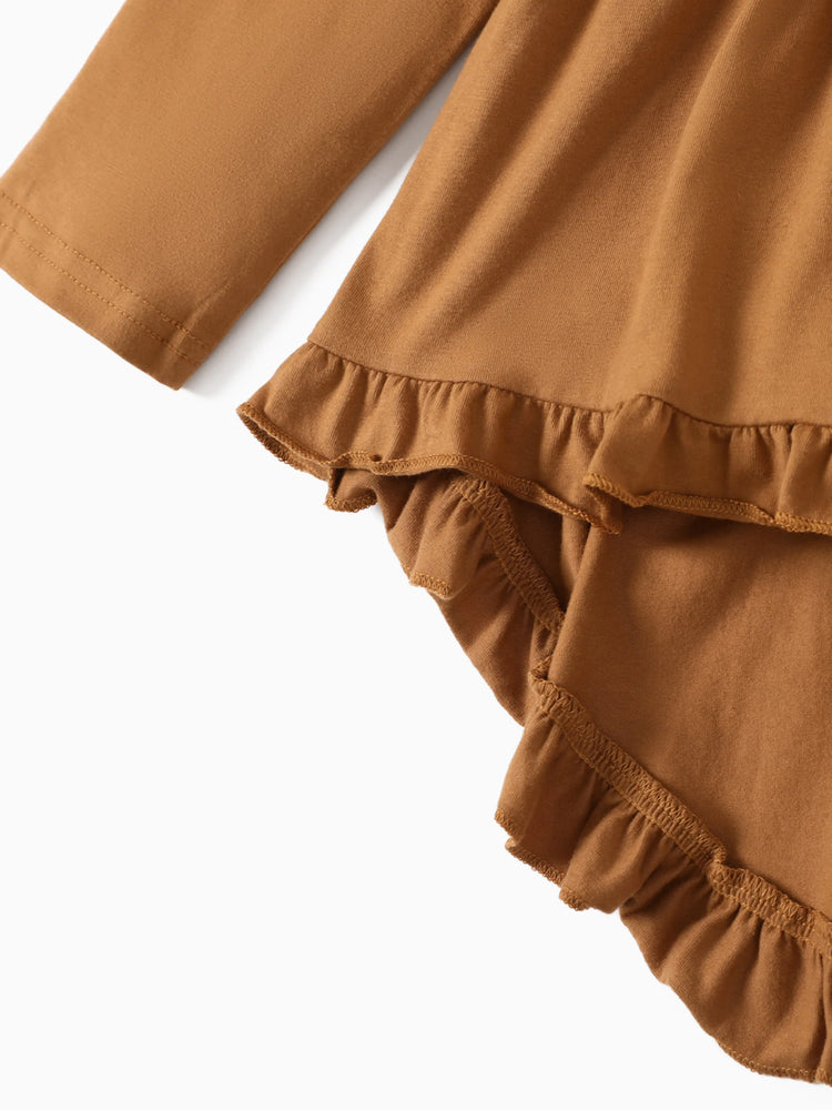 2-piece Kid Girl Bowknot Ruffled Long-sleeves Tee and Flower Allover Print Pants Brown