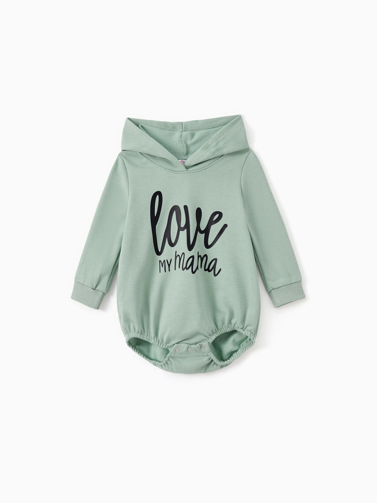 Mommy and Me Letter Print Green Long-sleeve Hoodie Dresses Light Green