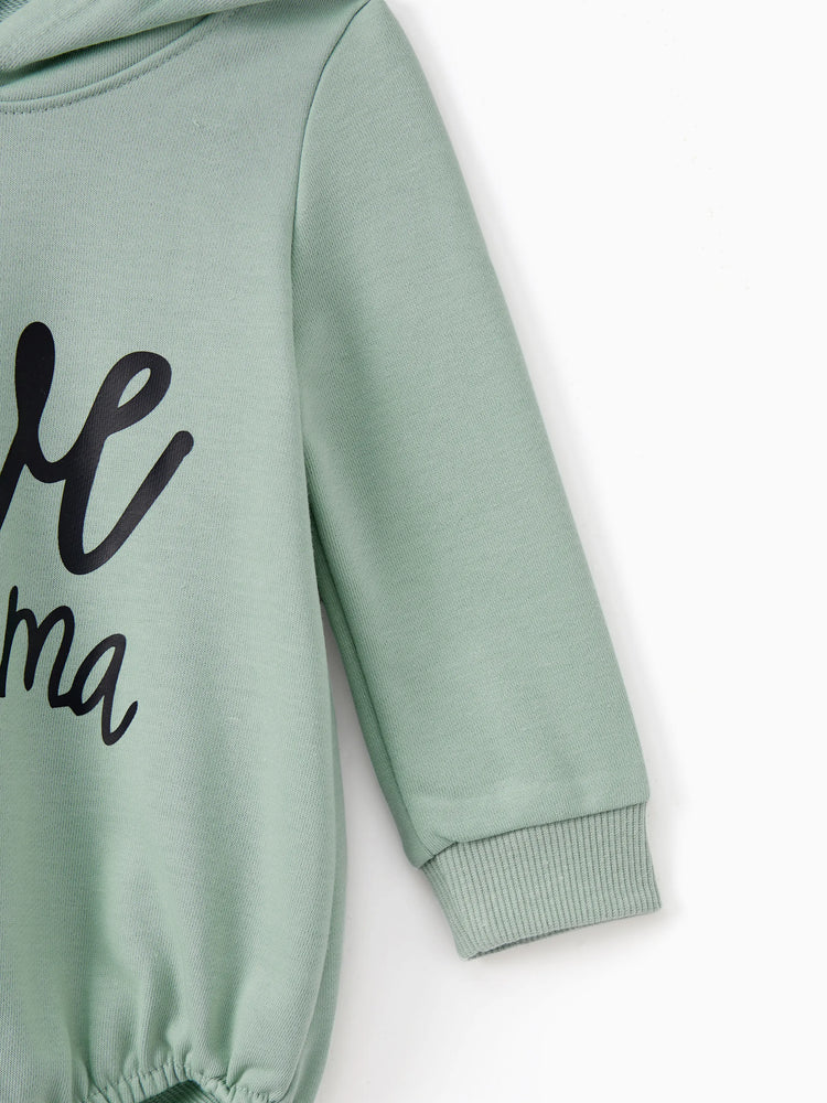 Mommy and Me Letter Print Green Long-sleeve Hoodie Dresses Light Green