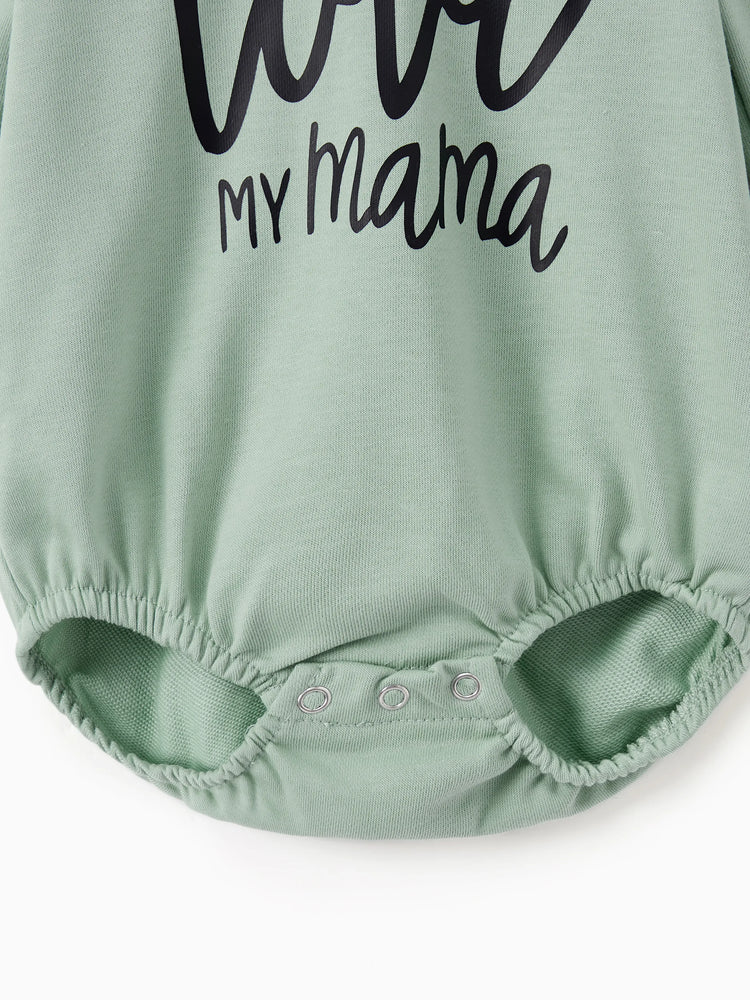 Mommy and Me Letter Print Green Long-sleeve Hoodie Dresses Light Green