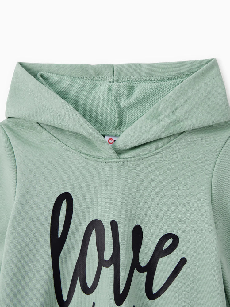 Mommy and Me Letter Print Green Long-sleeve Hoodie Dresses Light Green