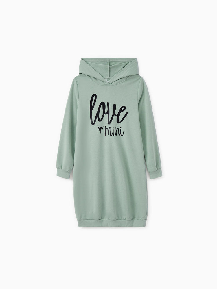 Mommy and Me Letter Print Green Long-sleeve Hoodie Dresses Light Green