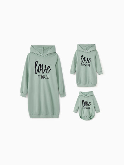 Mommy and Me Letter Print Green Long-sleeve Hoodie Dresses Light Green