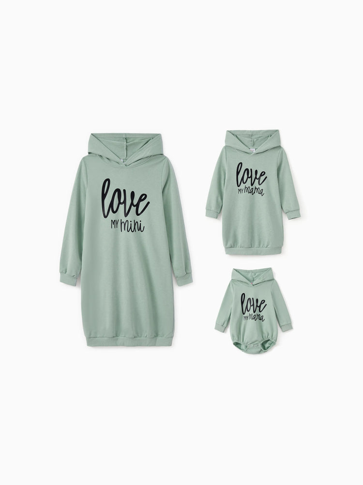 Mommy and Me Letter Print Green Long-sleeve Hoodie Dresses Light Green