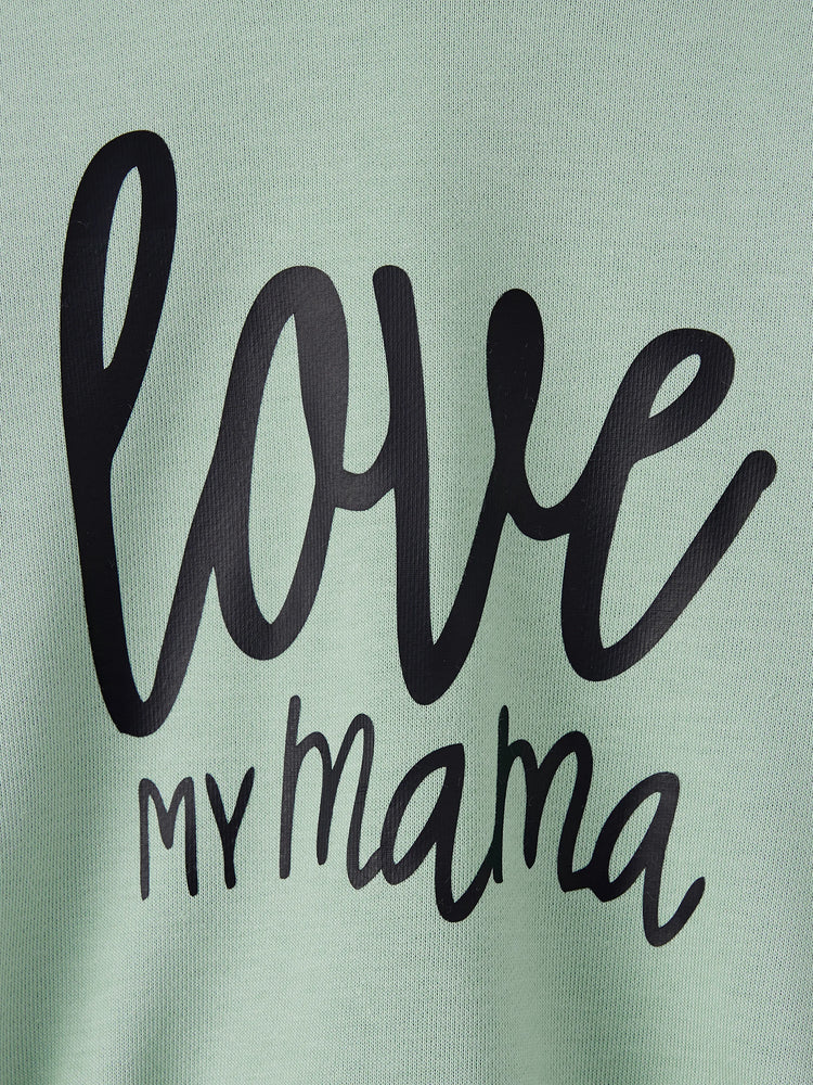 Mommy and Me Letter Print Green Long-sleeve Hoodie Dresses Light Green
