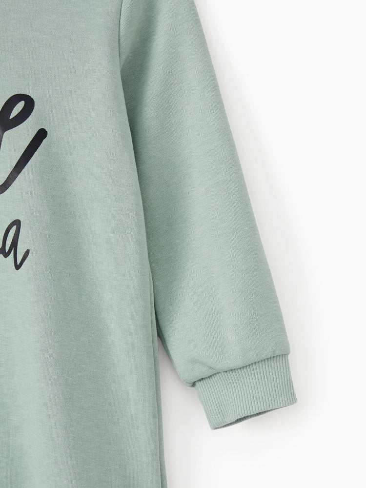 Mommy and Me Letter Print Green Long-sleeve Hoodie Dresses Light Green