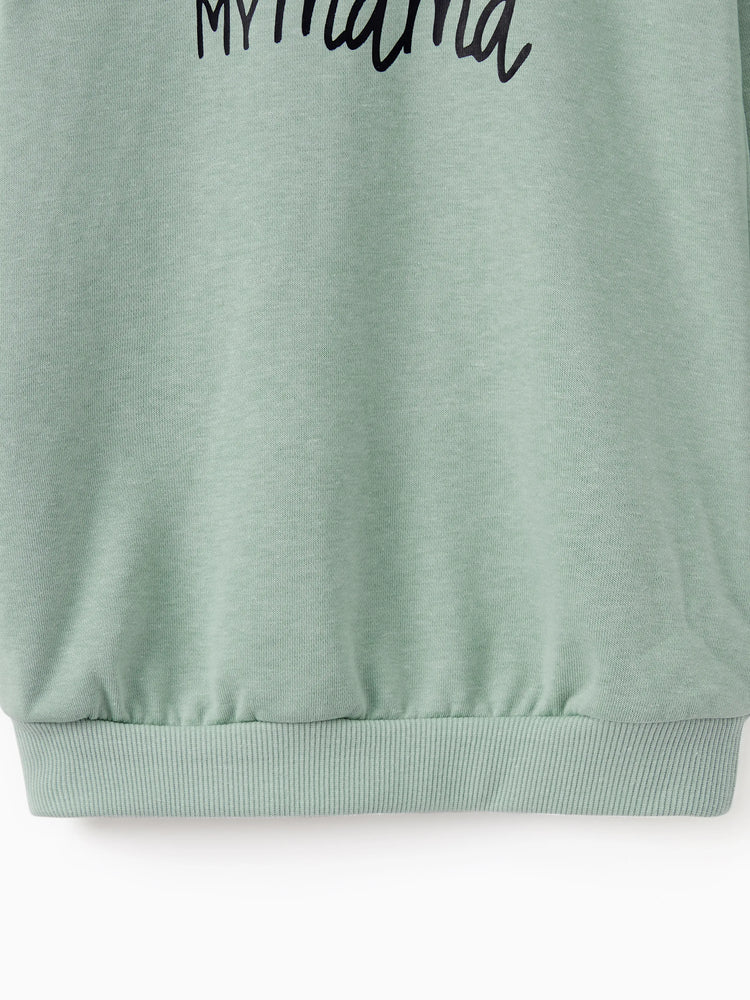 Mommy and Me Letter Print Green Long-sleeve Hoodie Dresses Light Green