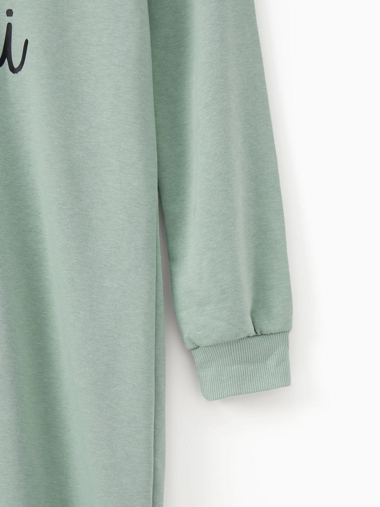 Mommy and Me Letter Print Green Long-sleeve Hoodie Dresses Light Green