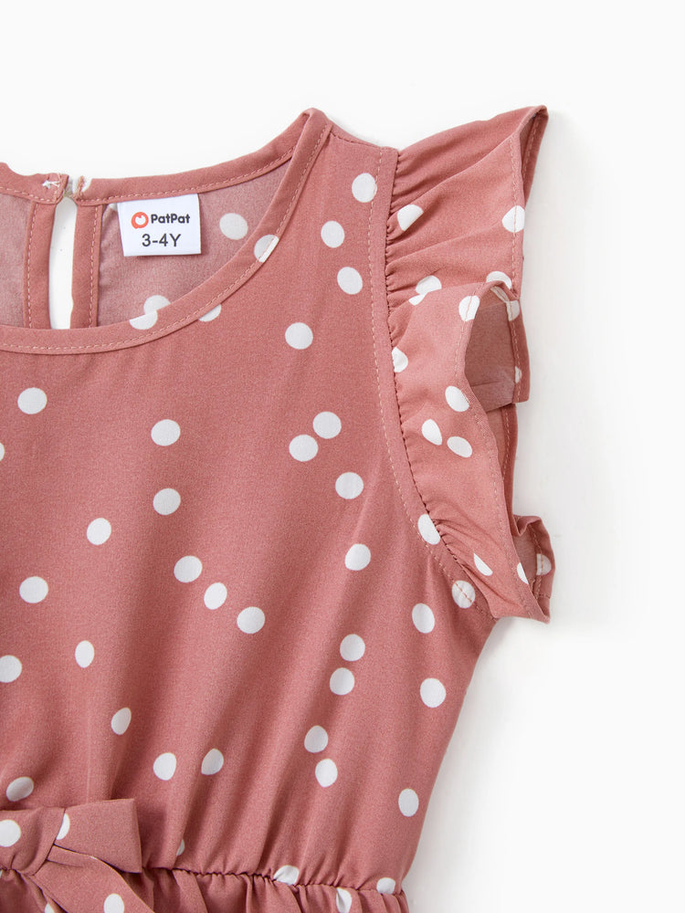 Robe cache-cœur rose à pois croisés, col en V, volants et manches flottantes pour maman et moi PinkyWhite