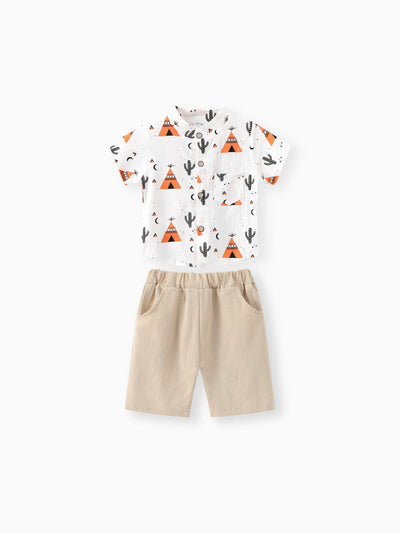 Ensemble 2 pièces pour bébé garçon, 95 % coton, chemise boutonnée à manches courtes et short uni, imprimé cactus, orange